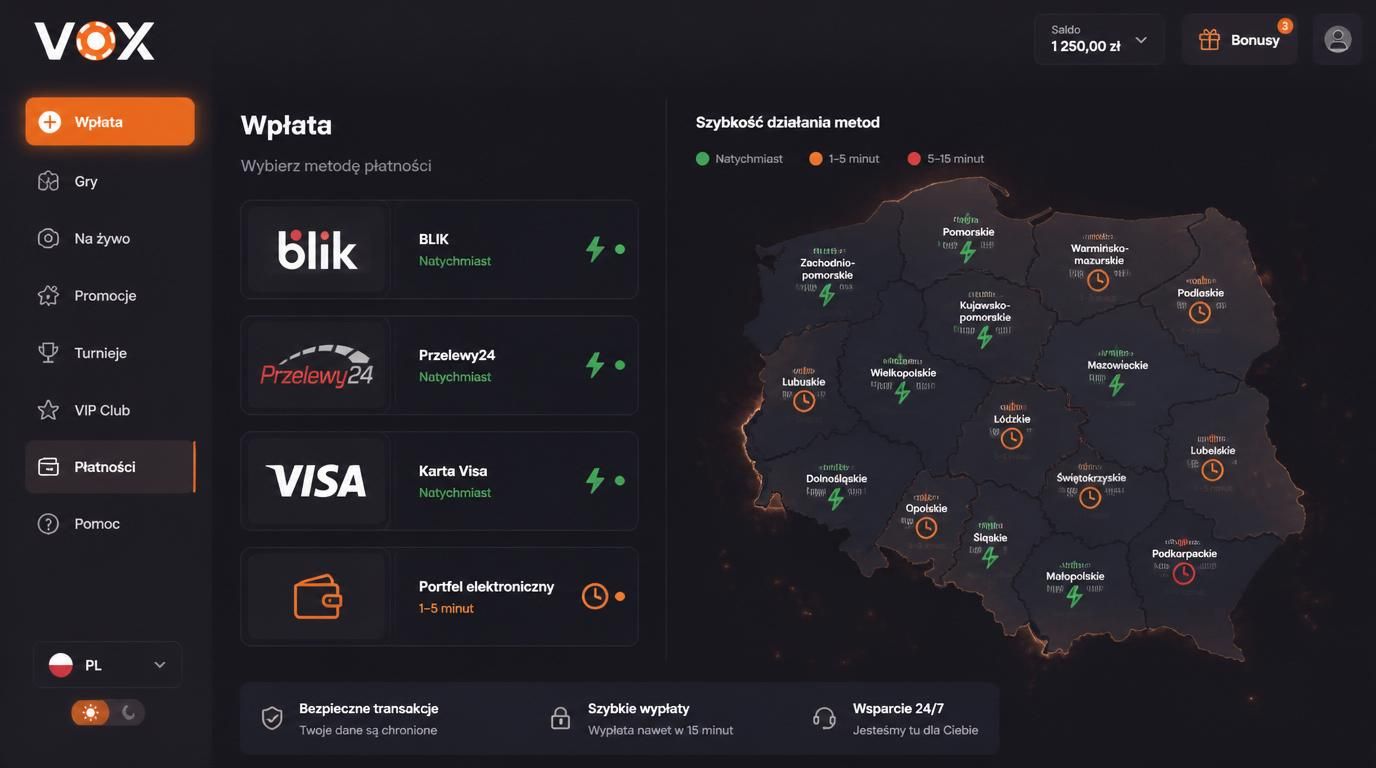 Ikony popularnych metod płatności jak BLIK, Przelewy24, karty i portfele elektroniczne z mapą Polski