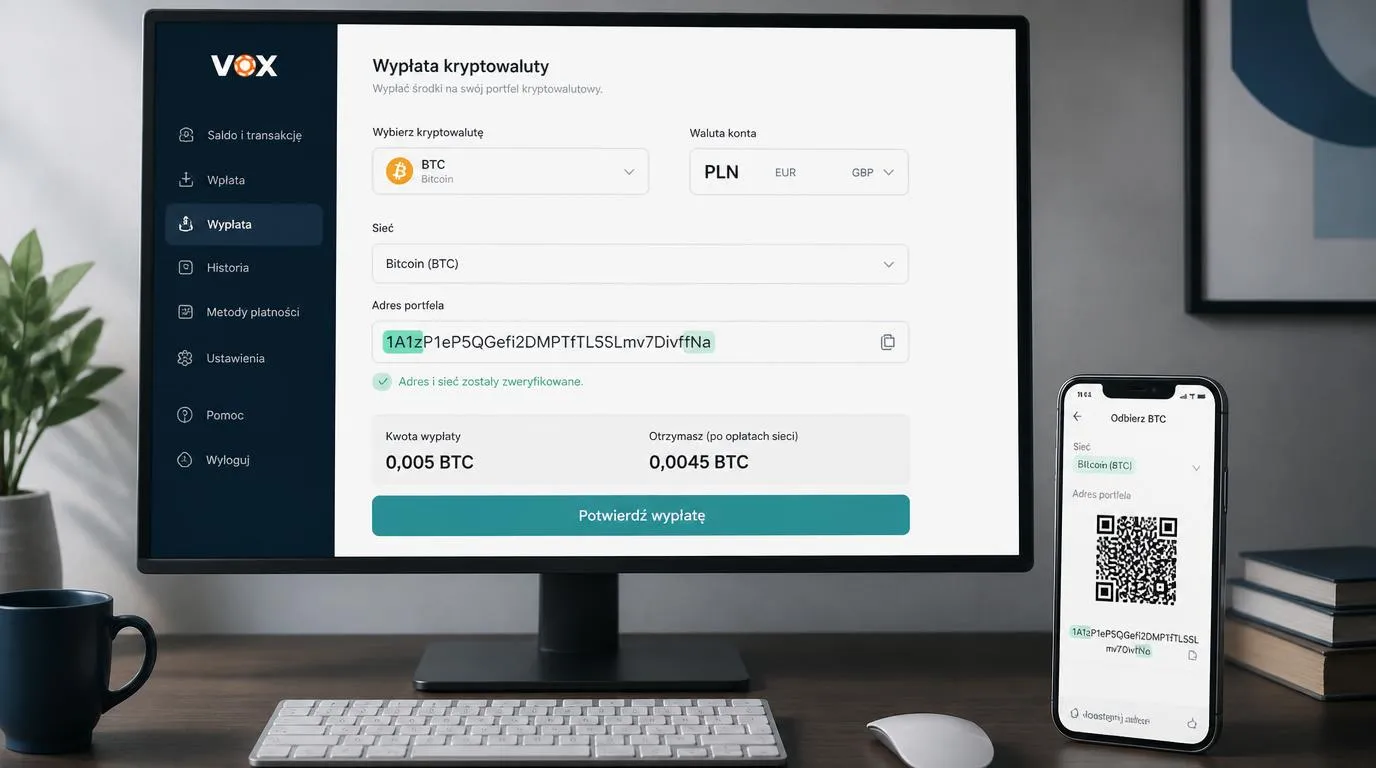 Panel kasy z wyborem kryptowaluty, walutą konta PLN i kontrolą adresu portfela przed wypłatą